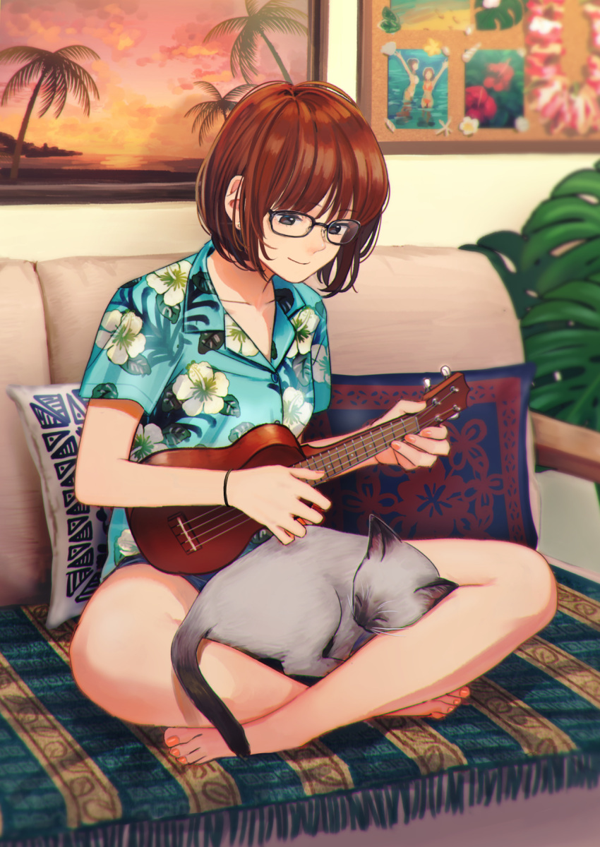 1girl, animal, bangs, bare_legs, barefoot, black-framed_eyewear, blue_shorts, blunt_bangs, blurry, bob_cut, bracelet, brown_eyes, brown_hair, bulletin_board, buttons, cat, closed_mouth, collarbone, collared_shirt, commentary_request, couch, crossed_ankles, denim, denim_shorts, depth_of_field, earrings, eyebrows_visible_through_hair, floral_print, fringe, full_body, glasses, glint, grey_cat, hawaiian_shirt, highres, indian_style, indoors, instrument, jewelry, lap_pillow, living_room, looking_down, music, nail_polish, nashigaya_koyomi, on_couch, orange_nails, original, painting_(object), photo_(object), picture_frame, pillow, plant, playing_instrument, potted_plant, revision, seashell, shell, shirt, short_hair, short_shorts, short_sleeves, shorts, sitting, smile, solo, stud_earrings, toenail_polish, ukulele, whiskers