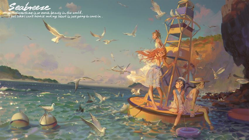 4girls, :d, alphonse_(white_datura), bare_shoulders, barefoot, bird, black_hair, brown_eyes
