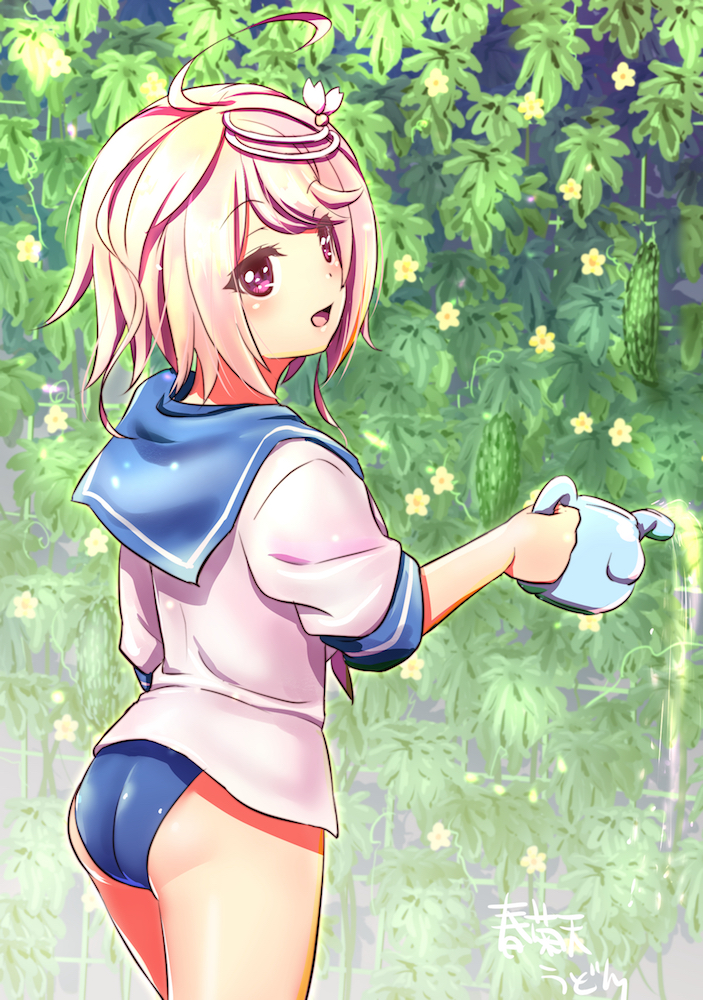 1girl, ass, bitter_melon, blue_sailor_collar, cowboy_shot, from_behind, hair_ornament, i-58_(kantai_collection)