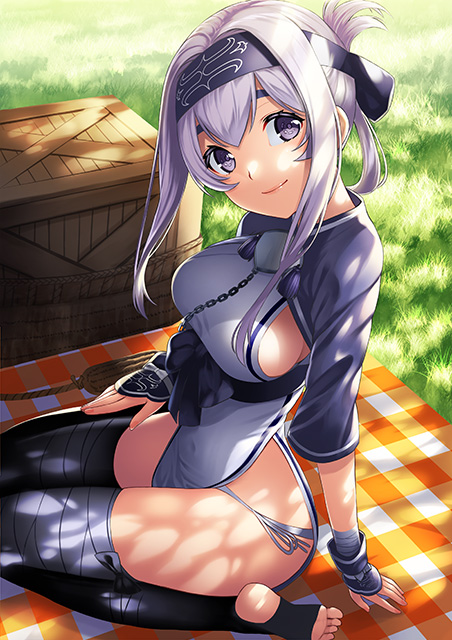 1girl, ainu_clothes, bandanna, basket, black_legwear, blanket, blush, breasts