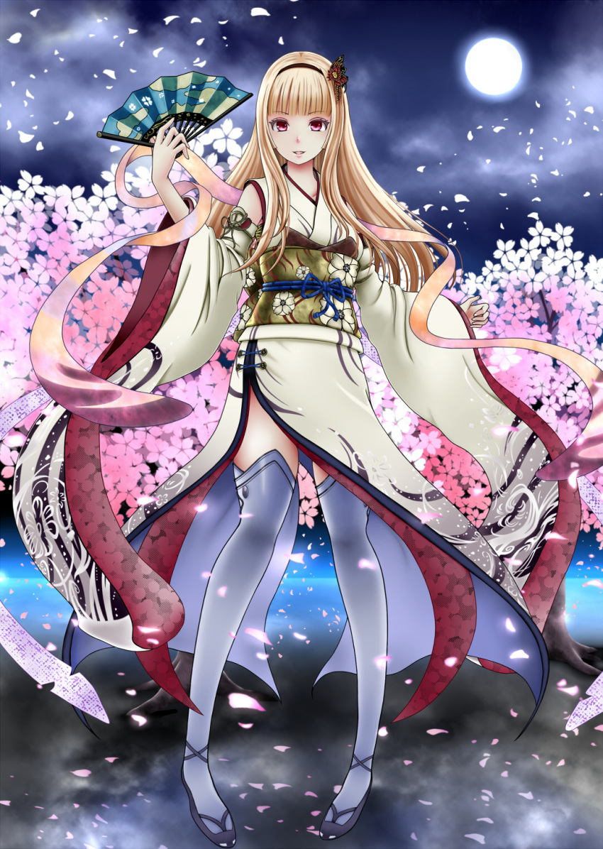 1girl, akai_katana, bangs, blonde_hair, blunt_bangs, cherry_blossoms, clouds, cloudy_sky