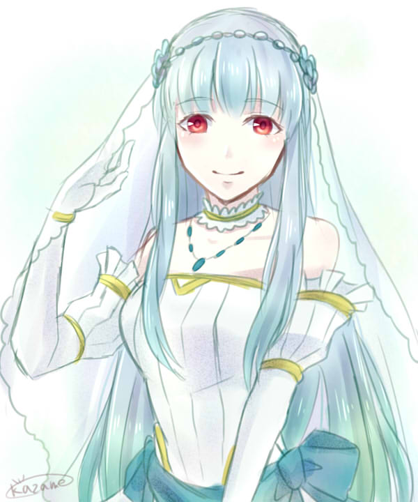 1girl, bare_shoulders, blue_hair, bridal_veil, bride, dress, fire_emblem, fire_emblem:_rekka_no_ken