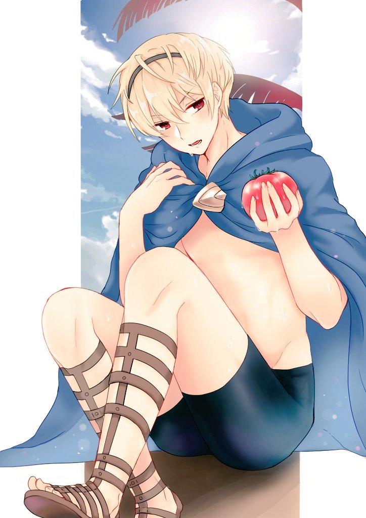 1boy, akina_(akn1819), alternate_costume, blonde_hair, blush, cape, clouds, day