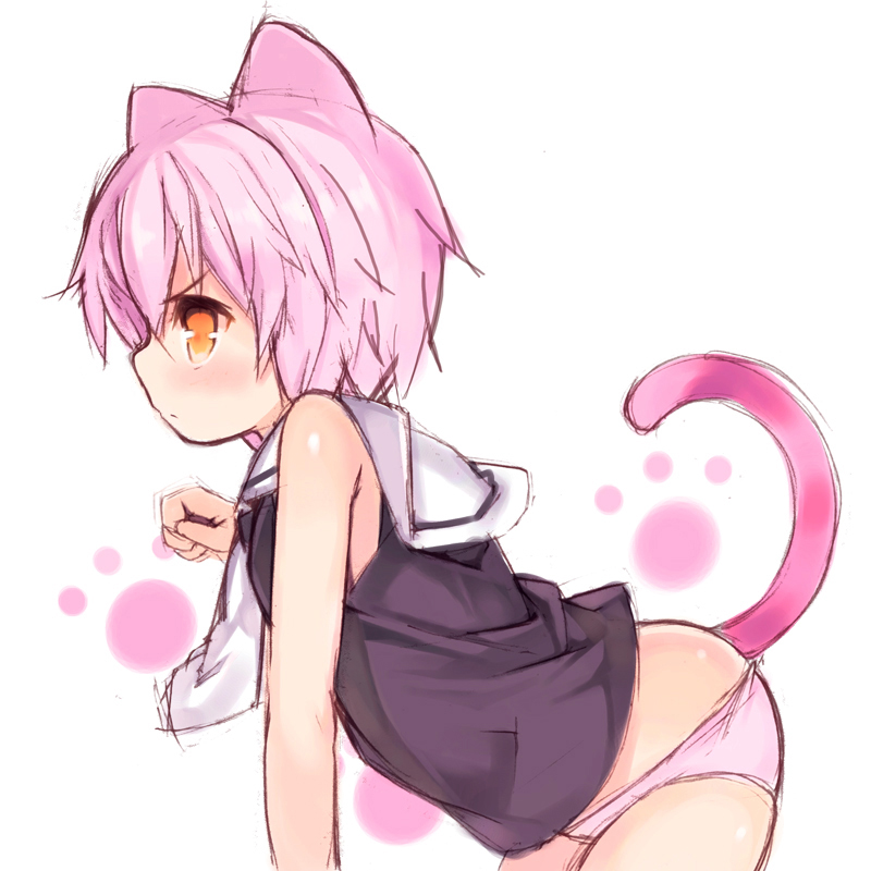 1girl, all_fours, animal_ears, ass, black_blouse, blouse, blush, cat_ears