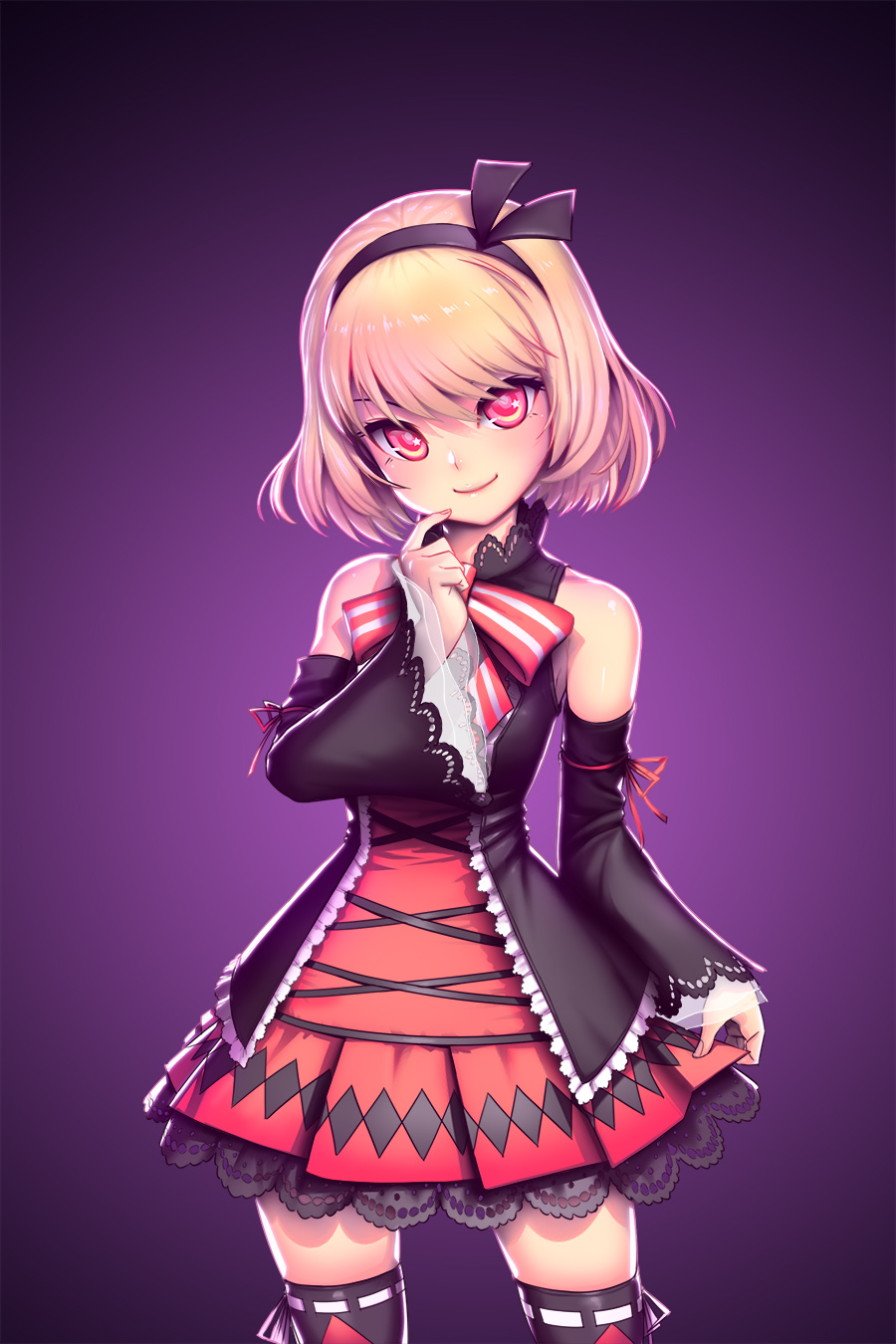 1girl, alternate_hair_length, alternate_hairstyle, bangs, bare_shoulders, black_legwear, blonde_hair, closed_mouth