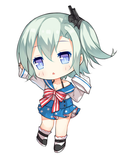 1girl, :<, arm_up, black_shoes, blue_eyes, blue_skirt, blush, cassin_young_(zhan_jian_shao_nyu), chibi, collarbone, commentary_request, eyebrows_visible_through_hair, green_hair, hair_between_eyes, hair_ornament, halter_top, halterneck, hand_up, long_sleeves, looking_at_viewer, machinery, one_side_up, print_skirt, sailor_collar, sailor_shirt, shirt, shoes, short_hair, simple_background, skirt, sleeves_past_wrists, socks, solo, standing, star, star_print, tengxiang_lingnai, triangle_mouth, white_background, white_legwear, white_shirt, zhan_jian_shao_nyu