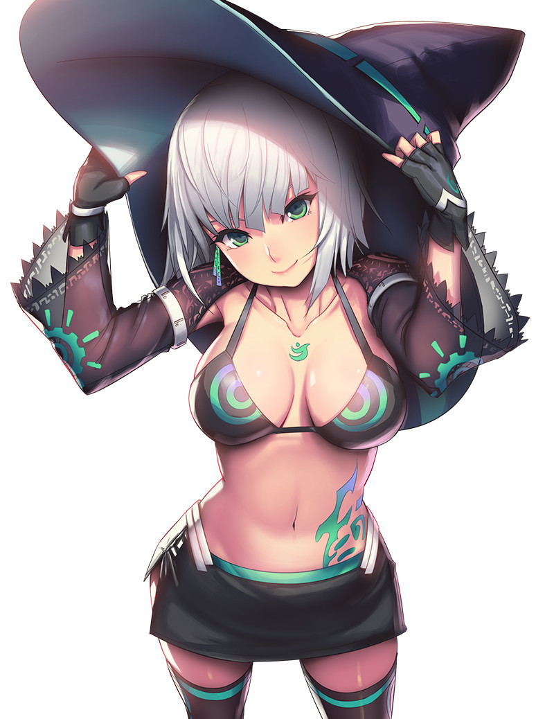 1girl, black_bikini_top, black_gloves, black_legwear, black_skirt, breasts, breasts_apart, cadie, closed_mouth, collarbone, detached_sleeves, fingerless_gloves, gloves, green_eyes, groin, hands_on_headwear, hat, head_tilt, kamdia, large_breasts, long_sleeves, looking_at_viewer, navel, pangya, short_hair, silver_hair, simple_background, skirt, smile, solo, tattoo, thigh-highs, white_background, witch, witch_hat