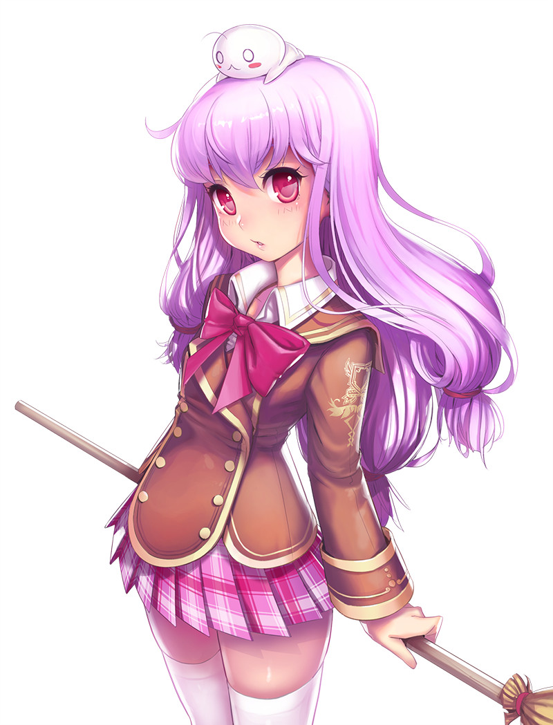 1girl, :<, blazer, blush, blush_stickers, bow, broom, collared_shirt