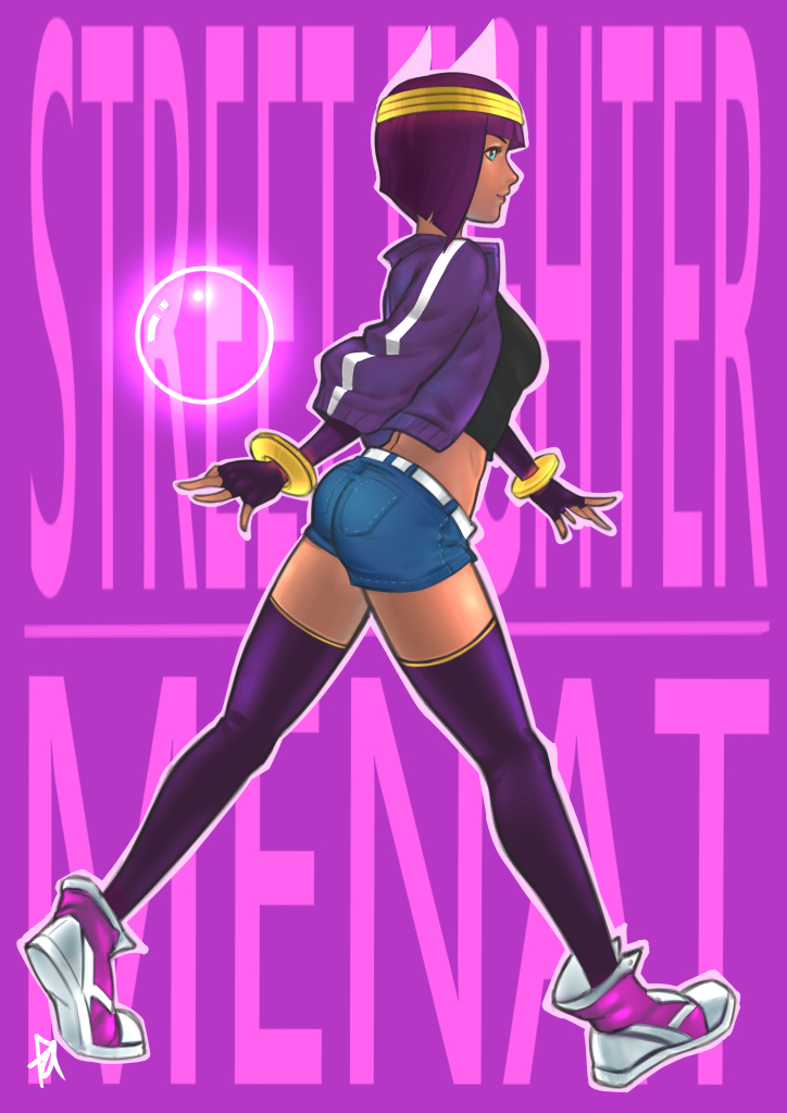 1girl, bangs, black_legwear, blue_eyes, blunt_bangs, bob_cut, bracelet, breasts, casual, character_name, copyright_name, crop_top, dark_skin, denim, denim_shorts, elbow_gloves, fingerless_gloves, gloves, jacket, jewelry, menat, midriff, orb, purple_gloves, purple_hair, purple_legwear, rat1989, shoes, short_hair, short_shorts, shorts, small_breasts, sneakers, solo, street_fighter, street_fighter_v, thigh-highs, tiara, track_jacket, walking, zettai_ryouiki