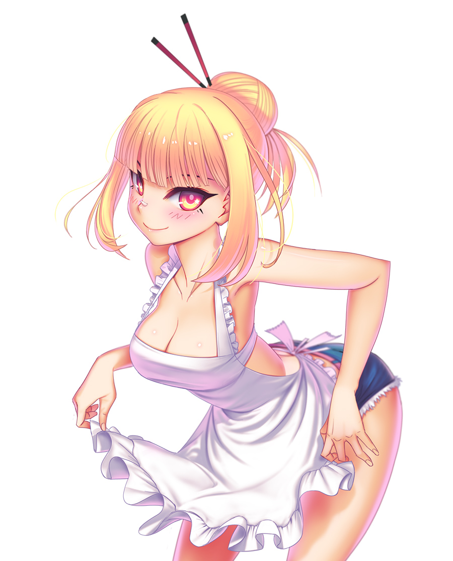 1girl, alternate_hairstyle, apron, arched_back, bandaid, bandaid_on_nose, bent_over, blonde_hair