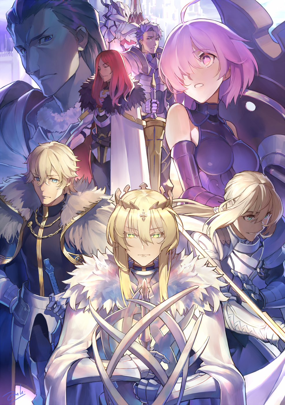 3girls, 5boys, armor, armored_dress, artoria_pendragon_(all), artoria_pendragon_(lancer), bangs, bedivere