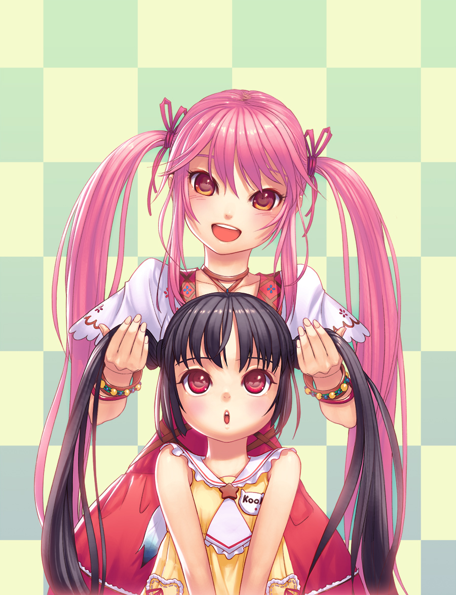 2girls, :d, alternate_hairstyle, badge, bangle, black_hair, blush, bracelet