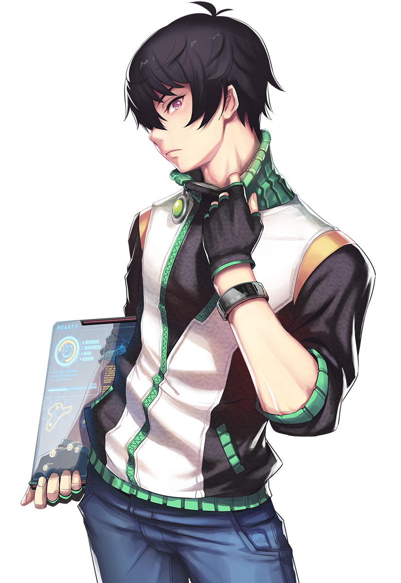 1boy, alternate_color, antenna_hair, black_gloves, black_hair, blue_pants, closed_mouth, fingerless_gloves