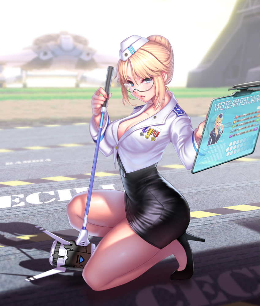 1girl, artist_name, blonde_hair, blue_eyes, breasts, cecilia_(pangya), cleavage, garrison_cap