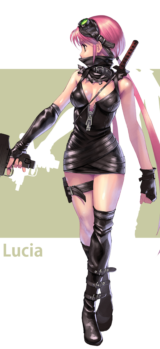 1girl, arm_at_side, belt, black_boots, black_dress, black_gloves, boots, breasts, breasts_apart, character_name, detached_collar, dress, facing_away, fingerless_gloves, full_body, gloves, goggles, goggles_on_head, gun, highres, holding, holding_gun, holding_weapon, holster, imi_uzi, kamdia, knee_boots, leather, leather_boots, long_hair, low_twintails, lucia_(pangya), medium_breasts, mismatched_legwear, pangya, profile, silhouette, solo, spaghetti_strap, submachine_gun, thigh-highs, thigh_boots, thigh_holster, twintails, very_long_hair, weapon