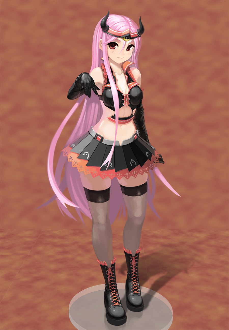 1girl, :d, arm_at_side, black_boots, black_gloves, black_legwear, black_skirt, blurry
