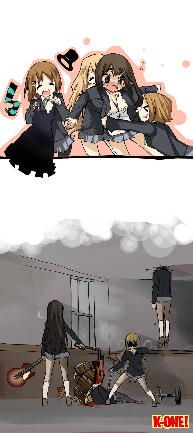 akiyama_mio, angry, arm_grab, bad_end, bass_guitar, black_bra, black_dress, blood, bra, broken, classroom, don't_say_"lazy", don't_say_lazy, dress, dressing, drum, drum_set, drums, dual_wielding, fighting_stance, guitar, hat, highres, higurashi_no_naku_koro_ni, hirasawa_yui, instrument, k-on!, kotobuki_tsumugi, les_paul, lol, mini_top_hat, multiple_girls, niyaururu, pantyhose, school_uniform, shaded_face, stuck, tainaka_ritsu, top_hat, yandere