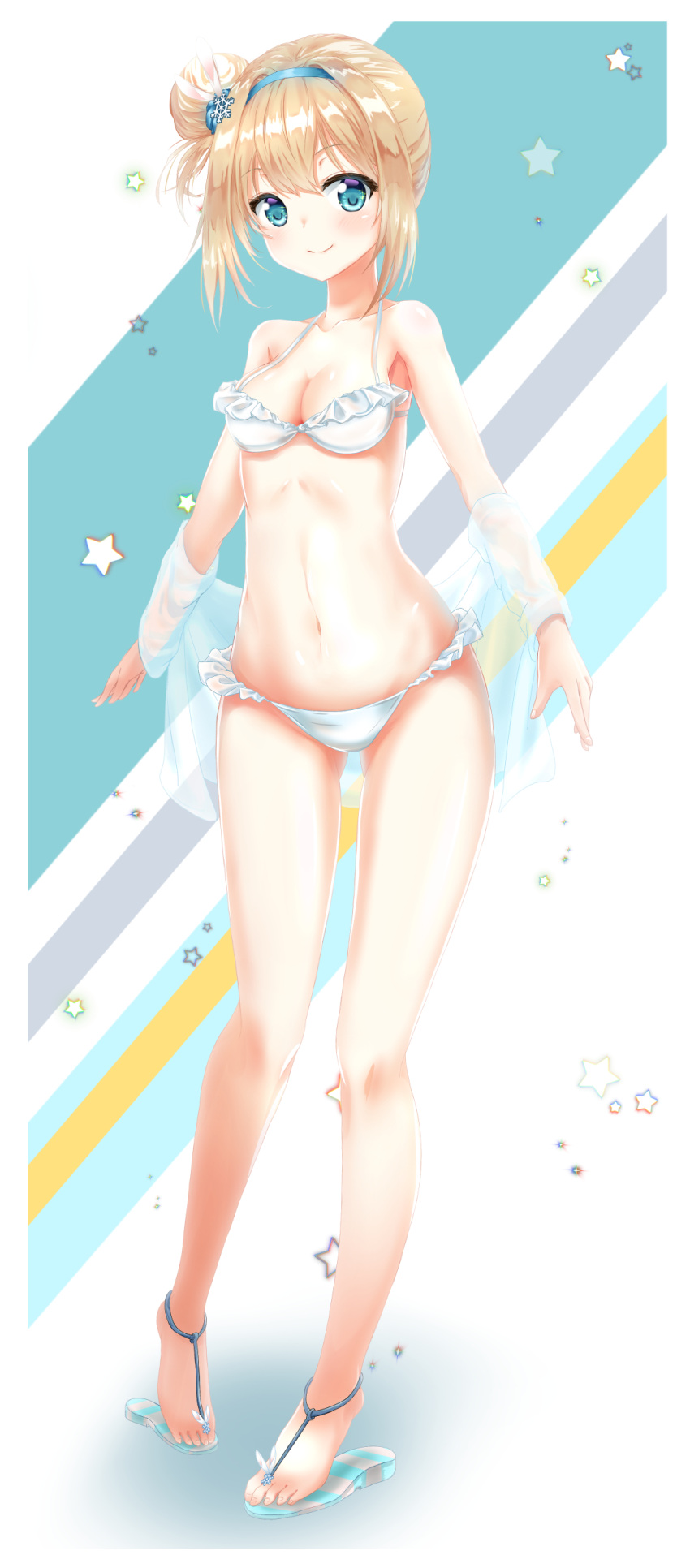 1girl, absurdres, alternate_hairstyle, bikini, blue_eyes, blush, breasts, brown_hair