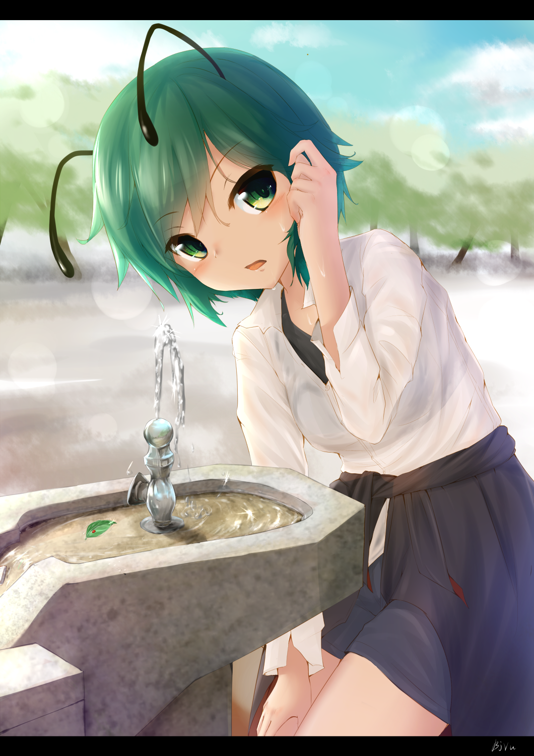 1girl, antennae, biburu, blouse, clothes_around_waist, commentary_request, day, drinking_fountain