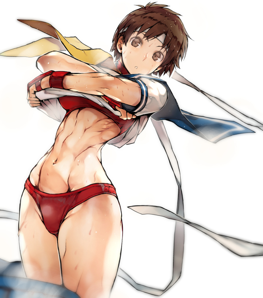 1girl, abs, blue_sailor_collar, brown_eyes, brown_hair, buruma, fingerless_gloves, gloves