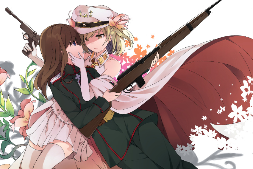 2girls, blonde_hair, blue_eyes, blush, brown_eyes, flower, gun, handgun