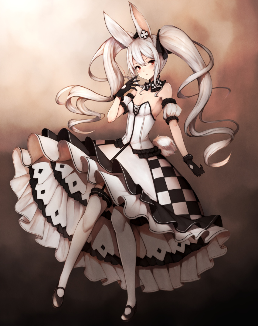 1girl, animal_ears, black_gloves, breasts, bunny_tail, checkered, cleavage, detached_collar