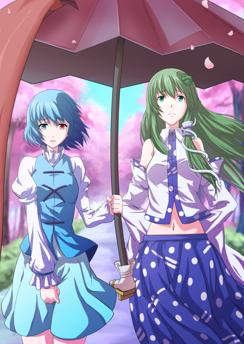 2girls, arms_behind_back, blue_eyes, blue_hair, breasts, cherry_blossoms, detached_sleeves, frog_hair_ornament