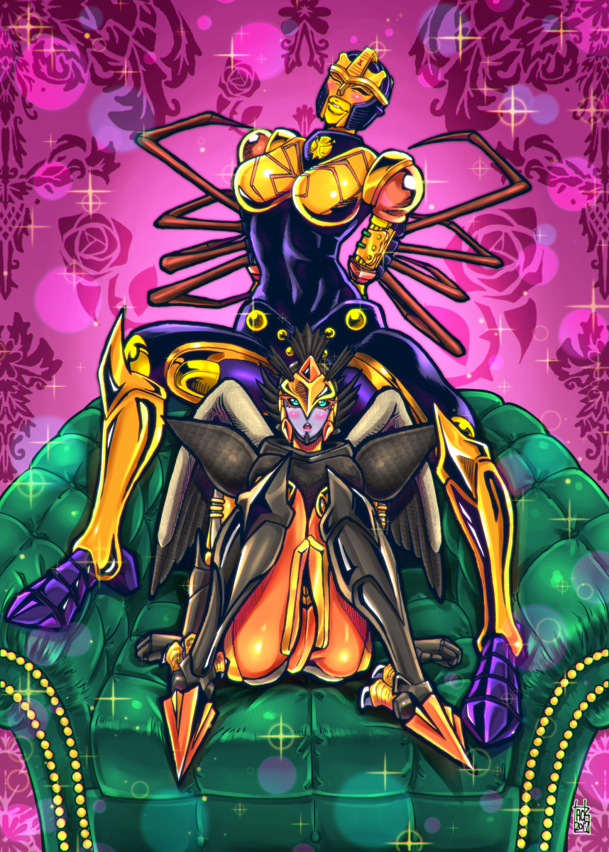 2girls, 90s, airazor, artist_name, beast_wars, black_eyes, blackarachnia, blush, breasts, cleavage, couch, floral_background, floral_print, green_eyes, highres, insect_girl, insignia, large_breasts, lips, looking_at_viewer, machine, machinery, maximal, mecha, multiple_girls, no_humans, oldschool, on_couch, one_eye_closed, open_mouth, personification, predacon, robot, sidelocks, sitting, smile, sparkle, spider_girl, standing, tack_(dnet), transformers, wings