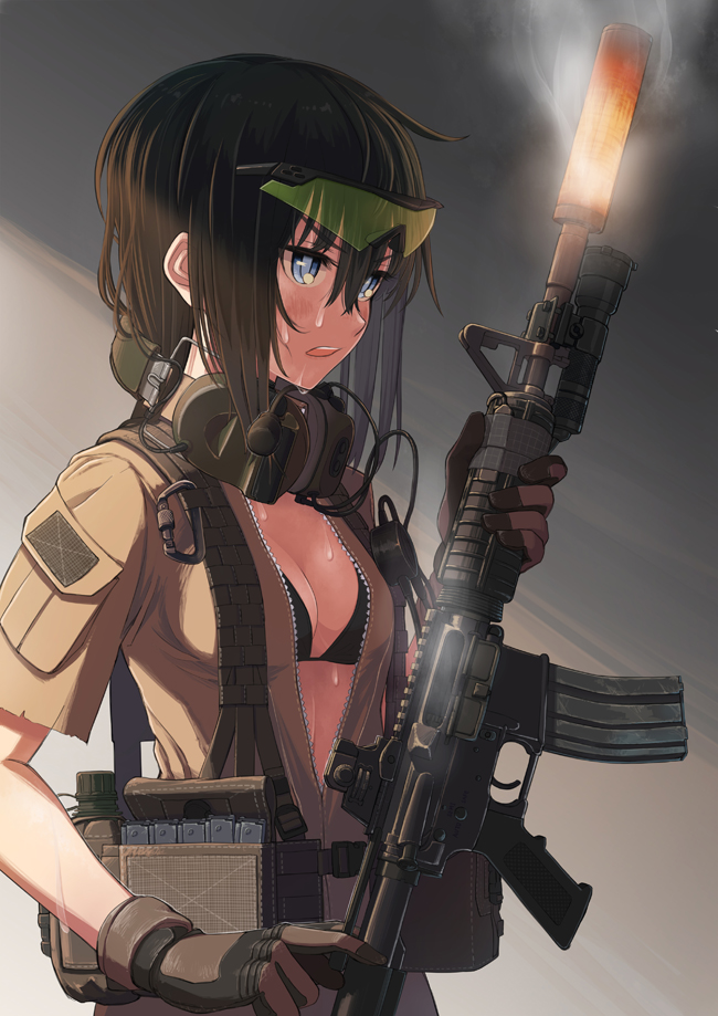 1girl, assault_rifle, bag, bangs, bikini_top, black_bikini_top, black_hair, blue_eyes