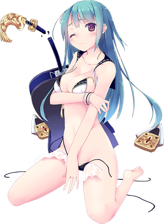 1girl, akesaka_iku, alternate_costume, aqua_hair, between_legs, bikini, breast_lift, breasts