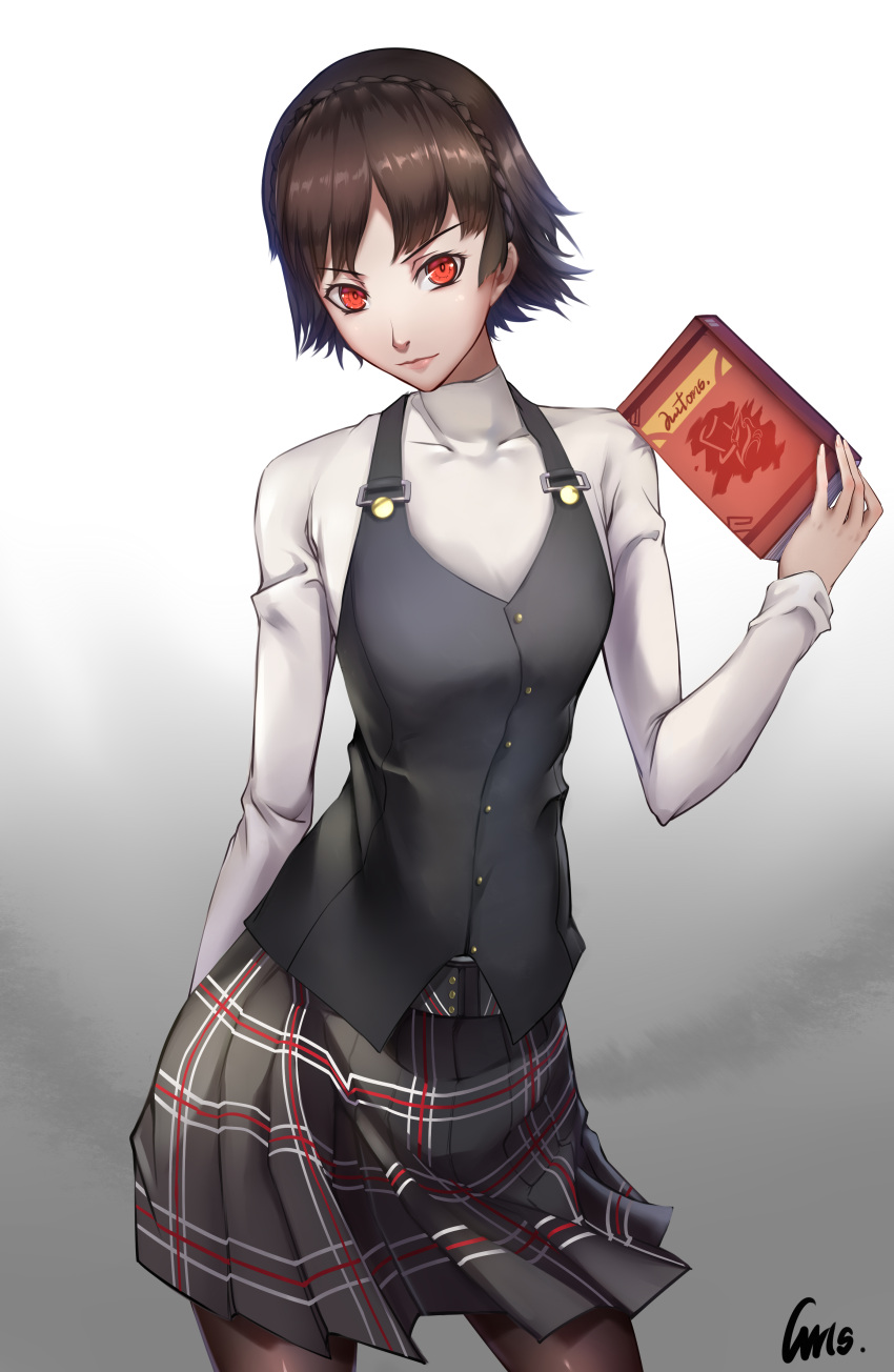 1girl, absurdres, arm_behind_back, book, braid, brown_hair, buttons, closed_mouth