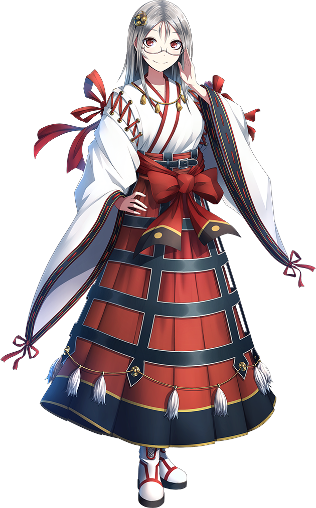 1girl, full_body, glasses, hair_ornament, hand_on_hip, kei-suwabe, long_skirt, nontraditional_miko