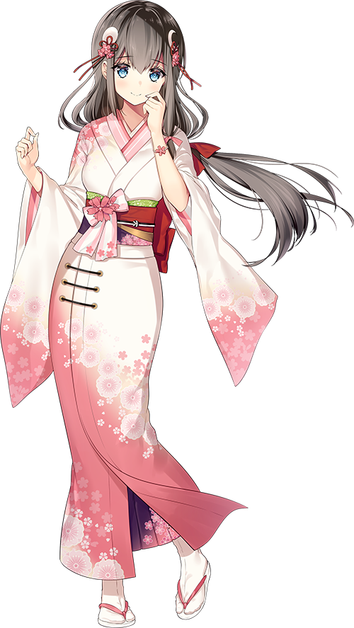 1girl, crescent, crescent_hair_ornament, full_body, hair_ornament, hand_on_own_cheek, japanese_clothes, kimono, long_hair, low-tied_long_hair, necomi_(gussan), nittakanayama_(oshiro_project), nontraditional_miko, official_art, oshiro_project, oshiro_project_re, pink_ribbon, red_ribbon, ribbon, transparent_background, very_long_hair