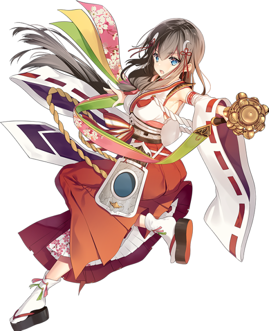 1girl, armpits, bare_shoulders, black_hair, blue_eyes, crescent, crescent_hair_ornament, detached_sleeves, eyebrows_visible_through_hair, full_body, hair_ornament, hakama_skirt, holding, long_hair, long_skirt, necomi_(gussan), nittakanayama_(oshiro_project), nontraditional_miko, official_art, oshiro_project, oshiro_project_re, red_skirt, skirt, transparent_background, very_long_hair