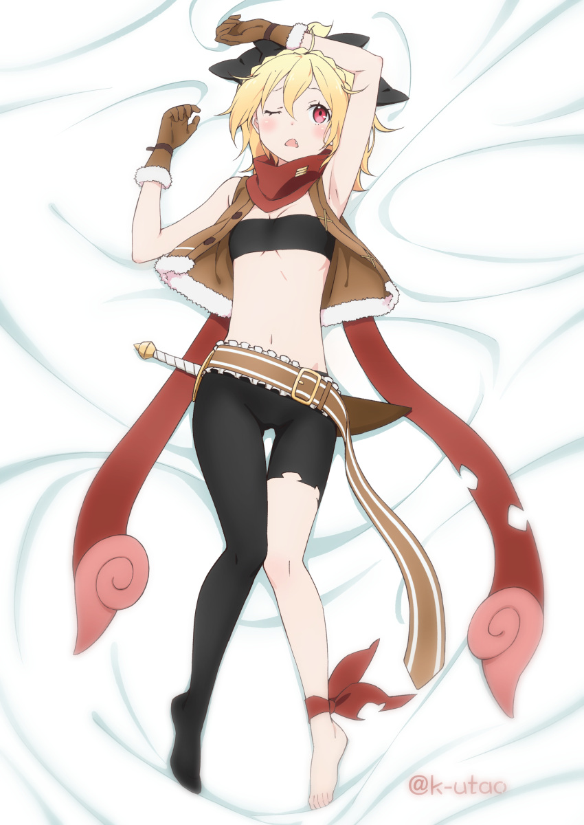 1girl, absurdres, ankle_ribbon, armpits, arms_up, bed_sheet, belt, black_bow