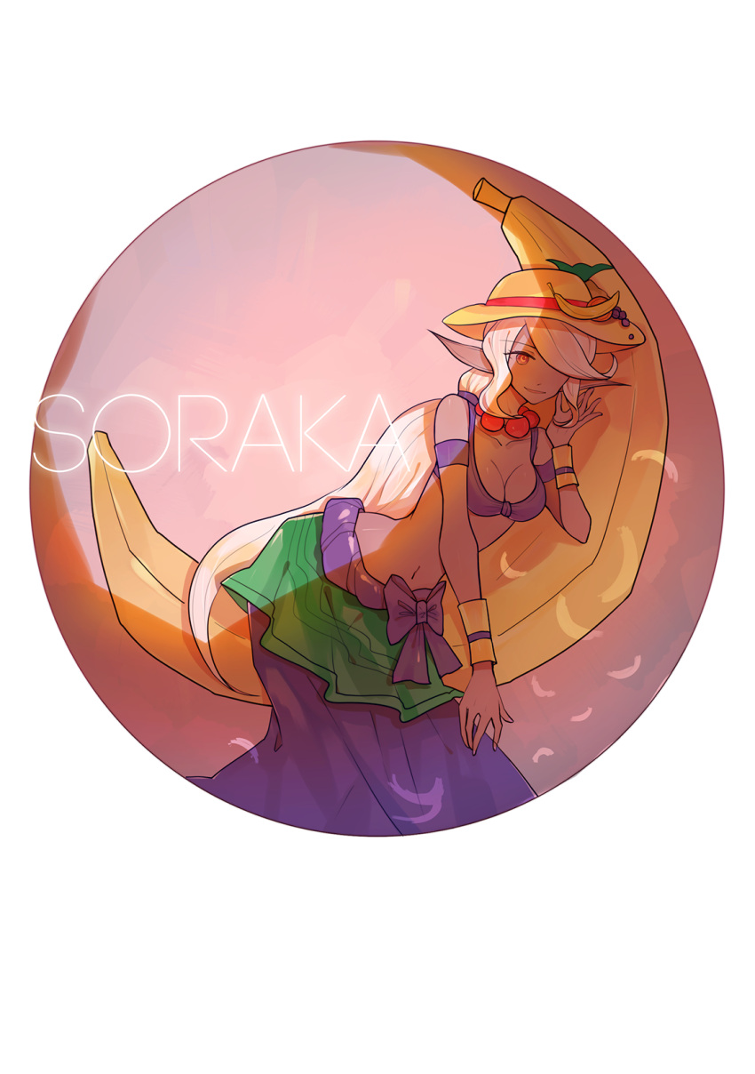 alternate_costume, alternate_eye_color, bad_anatomy, banana, breasts, character_name, cleavage, food, fruit, grapes, hair_over_one_eye, hand_up, hat, hat_ribbon, highres, jewelry, kiio, league_of_legends, leaning_forward, long_hair, medium_breasts, midriff, navel, necklace, orange, order_of_the_banana_soraka, pink_eyes, pointy_ears, purple_skin, purple_skirt, ribbon, skirt, soraka, standing, very_long_hair, white_hair, yellow_hat