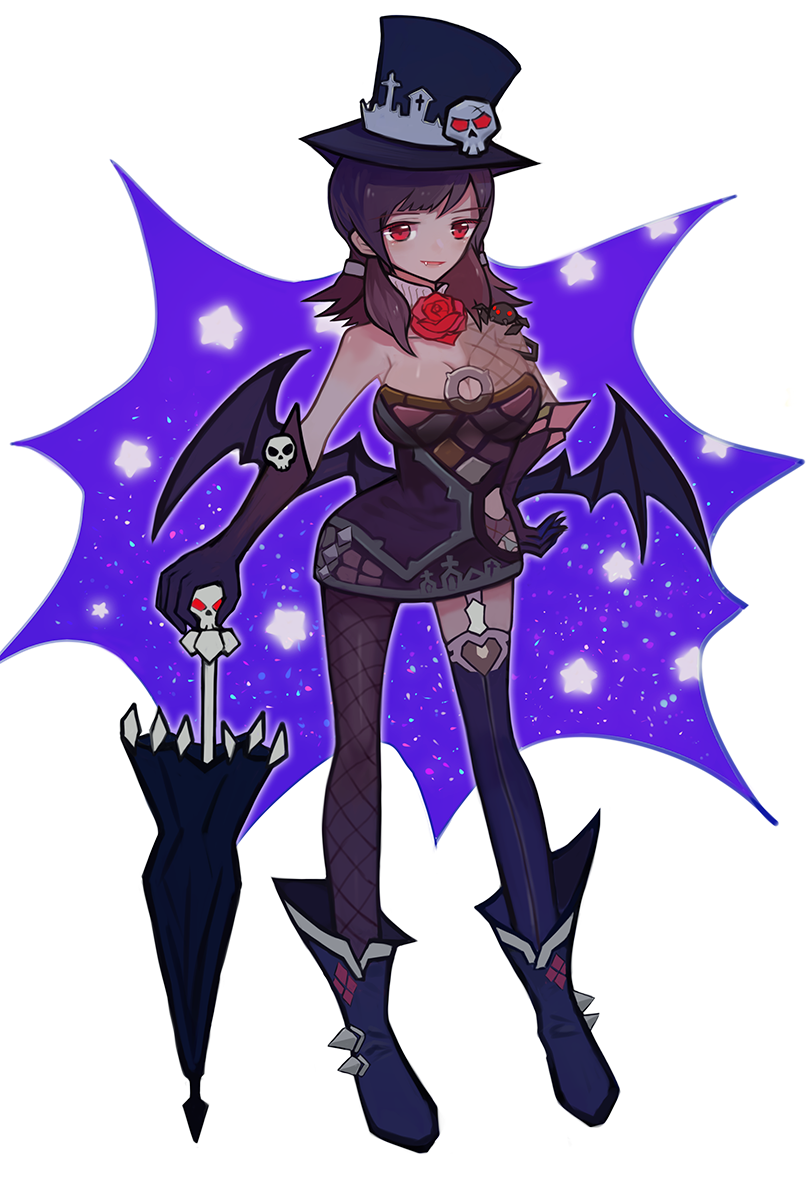 1girl, asymmetrical_legwear, bat_wings, black_gloves, black_hat, black_legwear, black_umbrella, blue_boots, boots, breasts, brown_hair, cleavage, closed_umbrella, dragon_nest, elbow_gloves, fang, flower, full_body, garter_straps, gloves, hand_on_hip, hat, kiio, looking_at_viewer, medium_breasts, planted_umbrella, red_eyes, rose, sketch, solo, spider, standing, top_hat, umbrella, wings