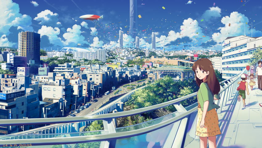 blimp, brown_hair, city, cityscape, cloud, clouds, dirigible, highres