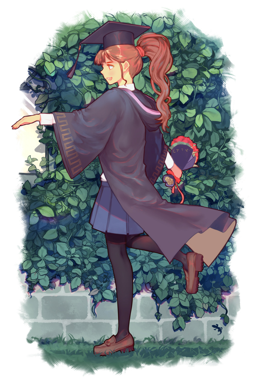1girl, :d, absurdres, black_legwear, blue_skirt, bouquet, brick_wall, brown_eyes, brown_hair, brown_shoes, flower, hat, highres, hood, hood_down, long_hair, mary_janes, mortarboard, open_mouth, original, ponytail, shoes, skirt, smile, standing, standing_on_one_leg, walking, zhang_tie_tong