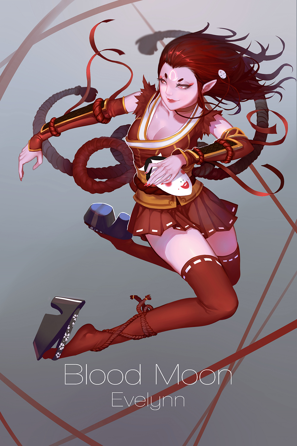 1girl, alternate_costume, alternate_skin_color, arm_warmers, bracer, breasts, character_name, cleavage, evelynn, facial_mark, forehead_mark, hair_ornament, highres, league_of_legends, lipstick, looking_to_the_side, makeup, mask, mask_removed, medium_breasts, nail_polish, pink_eyes, pointy_ears, red_legwear, red_nails, red_skirt, redhead, skirt, solo, thigh-highs, twisted_torso, zhang_tie_tong