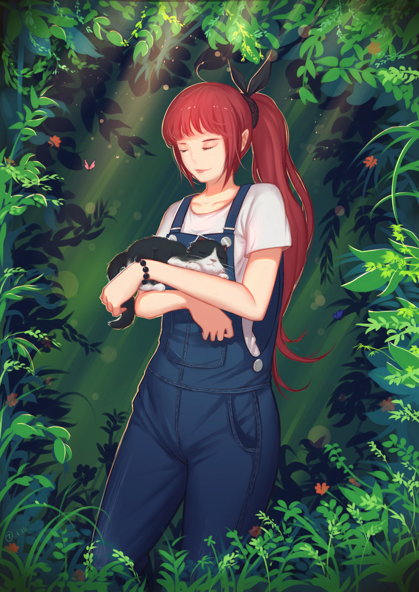 1girl, black_cat, bracelet, butterfly, cat, closed_eyes, facing_viewer, highres, holding_cat, jewelry, light_rays, original, outdoors, overalls, plant, ponytail, redhead, solo, standing, sunbeam, sunlight, zhang_tie_tong