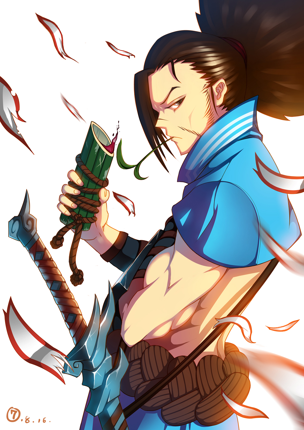 1boy, bamboo, brown_hair, facial_hair, grey_eyes, highres, long_hair, male_focus, midriff, mouth_hold, profile, sheath, sheathed, side_glance, sideburns, standing, stubble, sword, weapon, yasuo, zhang_tie_tong