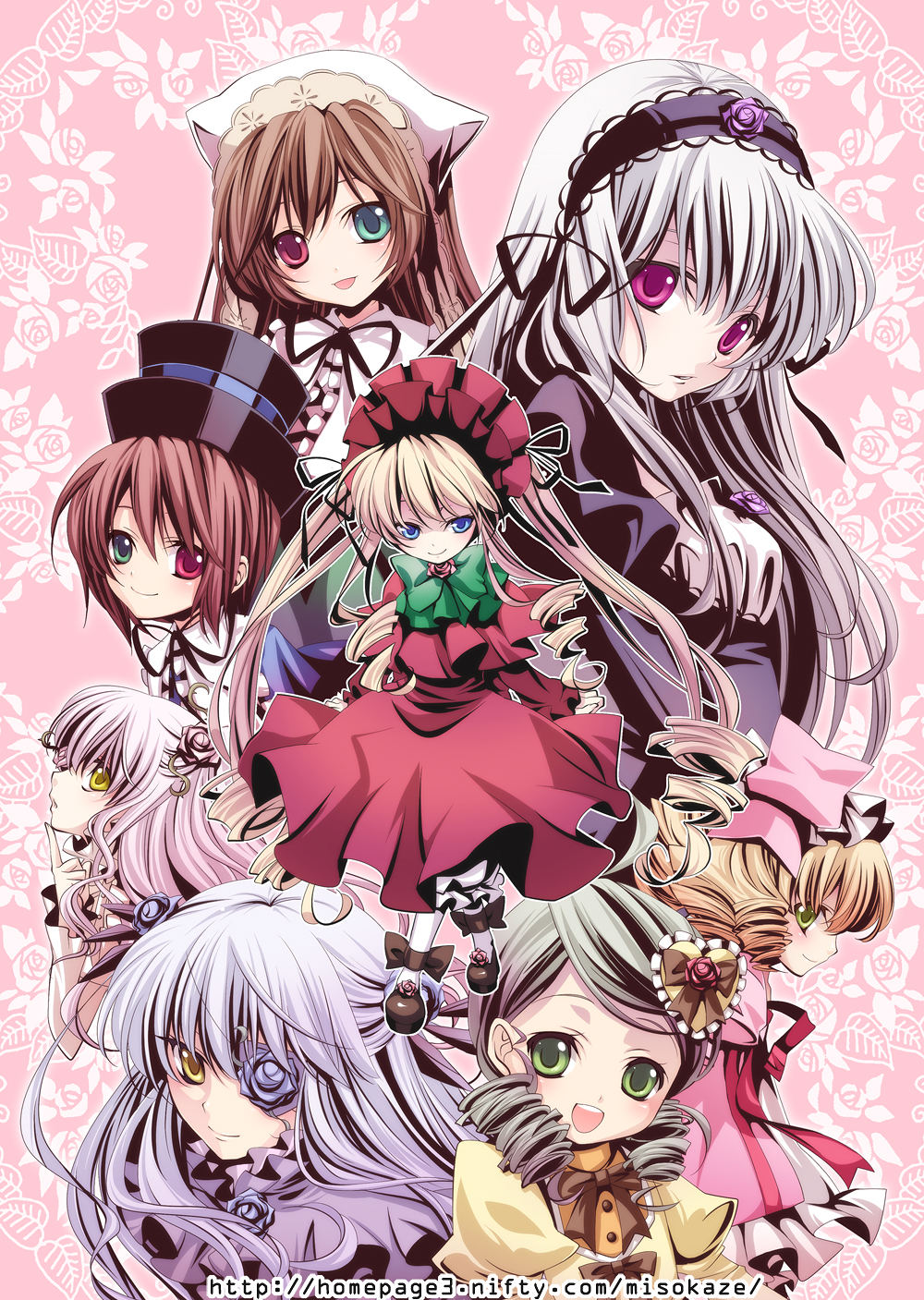 blonde_hair, blue_eyes, bonnet, brown_hair, dress, drill_hair, everyone, eyepatch