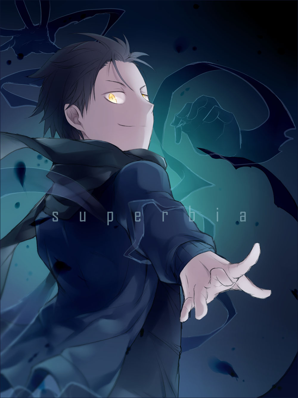 1boy, black_hair, black_scarf, black_shirt, blue_jacket, corruption, dark_persona, highres
