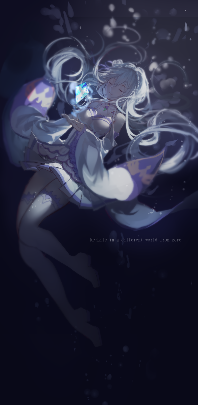 1girl, choker, closed_eyes, copyright_name, detached_sleeves, emilia_(re:zero), floating_hair, flower