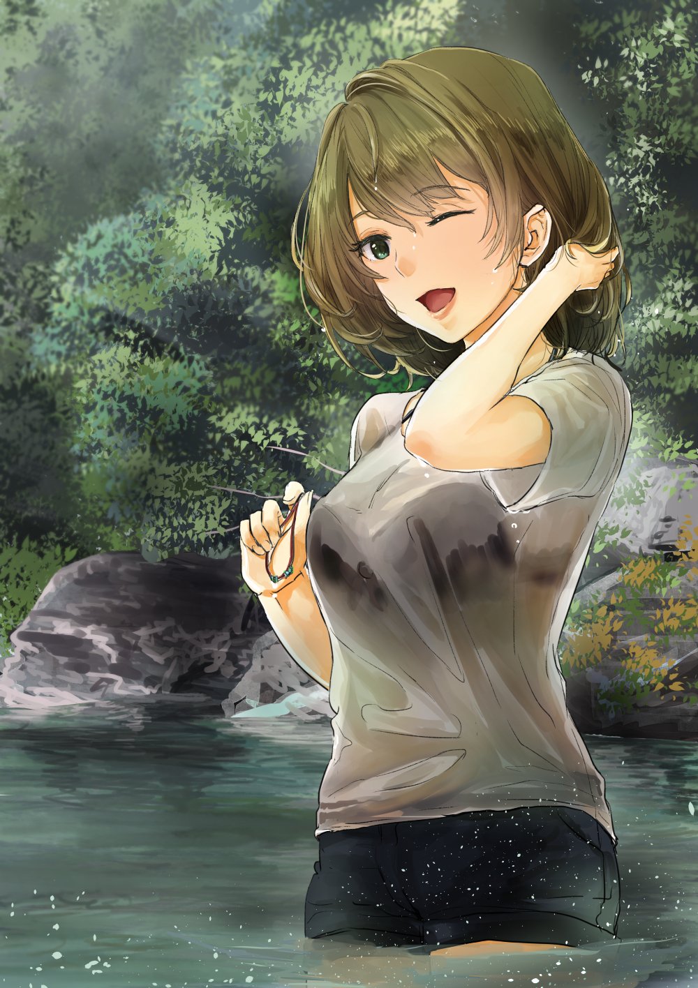 1girl, ;d, black_bra, black_shorts, bra, brown_hair, day, eyebrows_visible_through_hair