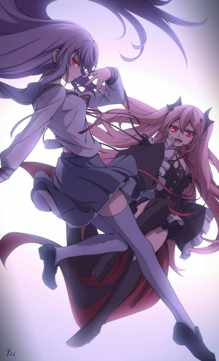 2girls, :d, black_dress, bow, detached_sleeves, dress, fangs, fcc