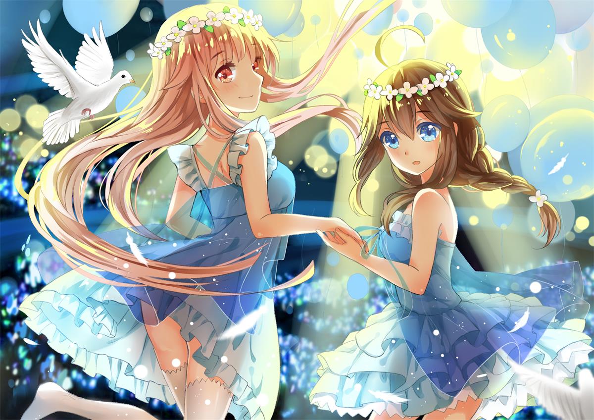 2girls, ahoe, baloon, bird, blonde_hair, blue_eyes, blue_ribbon, braid