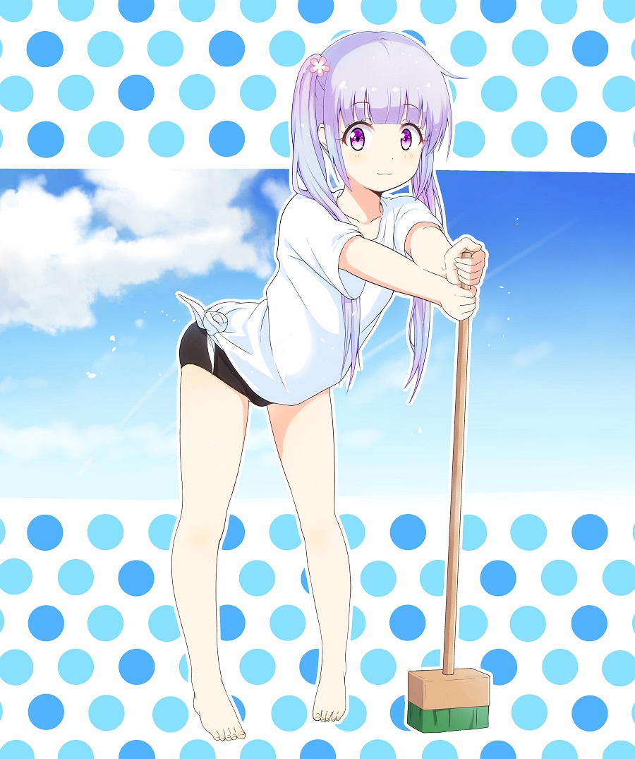 1girl, barefoot, black_buruma, eyebrows_visible_through_hair, fullbokko_heroes, hair_ornament, holding, jabittoson, leaning_forward, long_hair, looking_at_viewer, new_game!, polka_dot, polka_dot_background, shirt, short_sleeves, silver_hair, solo, standing, suzukaze_aoba, tied_shirt, twintails, violet_eyes, white_shirt