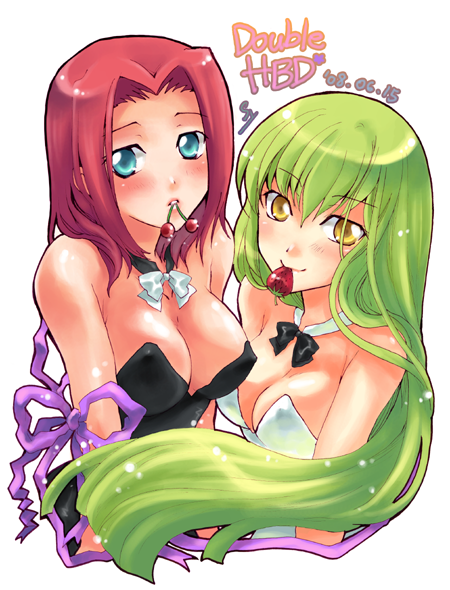 asylum, bare_shoulders, blue_eyes, blush, bowtie, breasts, c.c., cc, cherry, cleavage, code_geass, food, fruit, green_hair, kallen_stadtfeld, long_hair, mouth_hold, multiple_girls, red_hair, redhead, ribbon, smile, strawberry, transparent_background, yellow_eyes